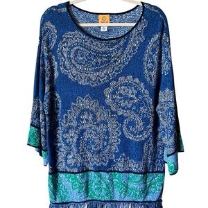 Ruby Rd. Sweater Tunic Sz XL Blue Green Paisley Fringed Hem Lightweight boho